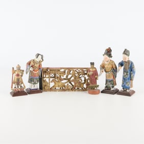 6 Chinese Wood & Ceramic Polychrome Carvings