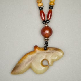 Chinese Agate Bead Necklace w/ Pig Dragon Pendant