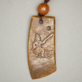 Chinese Necklace w/ Agate Bead & Carved Jade Warrior Pendant
