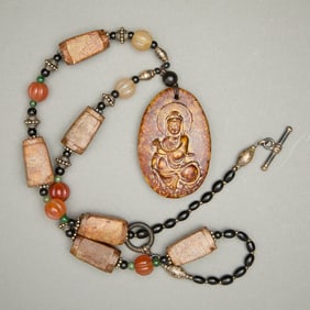Chinese Carved Jade/Hardstone Bead Necklace w/ Buddha