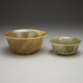 2 Chinese Carved Spinach Green Hardstone/Jade Bowls