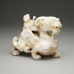 Old Chinese Carved Hetian Jade Drummer & Dragon