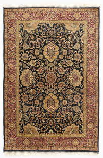Hand Woven Persian Style Small Area Rug 6'6"x3'10": Medium pile tufted Persian style or similar large area rug with gold, black, and dark red floral decoration throughout and white fringe on either end.Length: 6 ft 6 in x width: 3 ft 10 in.