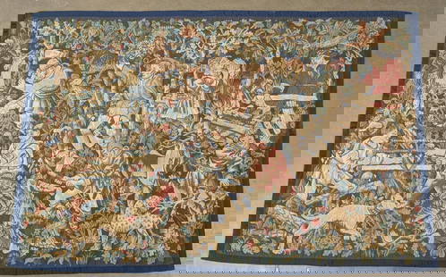 "The Woodcutters" 4' x 7' Tapestry: 20th century Tournai style tapestry depicting woodcutters working the forest among tress and animals.52"H x 81"W