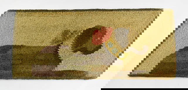 George Wells Small Hooked Dog Rug: Small hooked rug with the image of a dog. Label on back from George Wells Ruggery.30 1/2"L x 13 1/2"W.