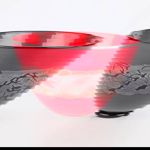 Large Michael Nourot Art Glass Bowl: Large, bright red art glass centerpiece bowl, signed by Michael Nourot on the bottom.7.75"H x 12.5"Dia.