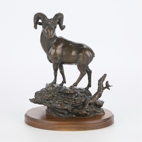 R. Rousu Big Horn Sheep Bronze Sculpture