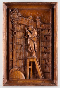 After Spitzweig "The Book Worm" Carved Wood Plaque