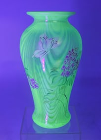 Signed Hand Painted Vaseline Glass Floral and Drapery Vase