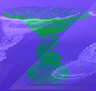 Vaseline Glass Pedestal Dish: Opalescent uranium pressed glass pedestal dish featuring a fish shaped stem, unmarked.4 3/4"H x 6"Dia