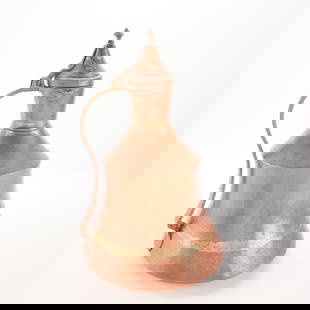 Large Hand Hammered Copper Ewer: Likely Middle Eastern - perhaps Turkish or Persian. Large copper vessel with handle and hinged lid with finial on top. Shape of vessel is flared at bottom, narrows and flares again before narrowing ne