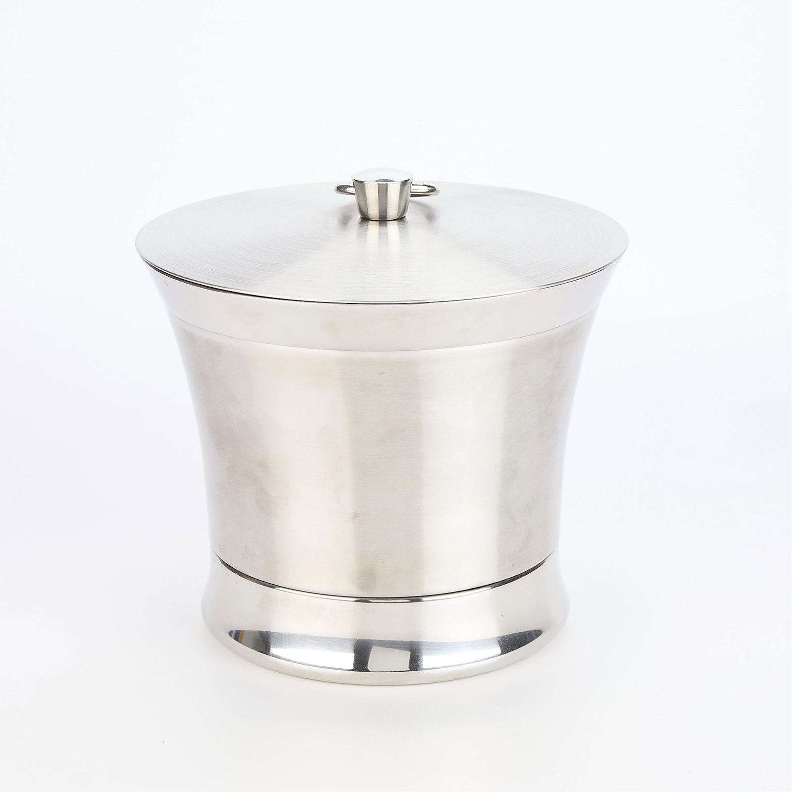Frontgate Stainless Steel "Optima" Ice Bucket: Frontgate, United States. Stainless steel ice bucket from Frontgate's "Optima" line. Impressed "Frontgate" along the underside of the lid.9"H x 10"Dia (top).