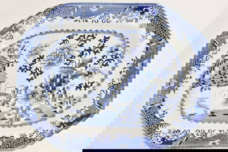Vintage Spode Blue Grasshopper Platter: Stoneware platter with blue and white finish decorated with a garden scene.20.75"W x 16"L