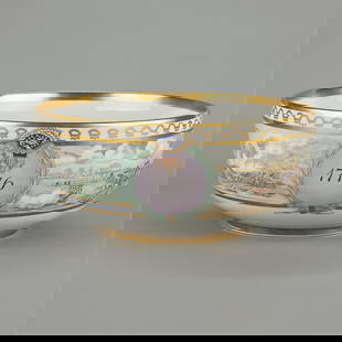 Royal Copenhagen Commemorative Bicentennial Punch Bowl: Large porcelain punch bowl by Royal Copenhagen, Denmark, c. 1976, commemorating the U.S. bicentennial.Numbered 1333/2500, painted with American Revolutionary War battle scenes and other decorations.6"