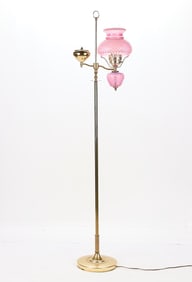 Brass Floor Lamp with Cranberry Hobnail Glass Accent