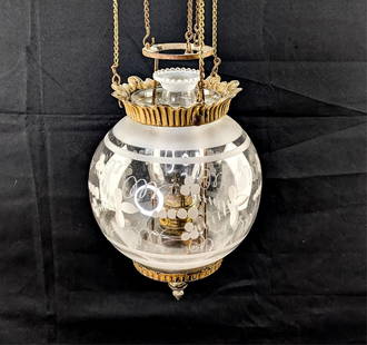 Vintage Frosted Glass Hanging Parlor Lamp: Vintage clear frosted glass ceiling or hanging parlor lamp or lantern. With gilt metal fixtures and detailed foliate motifs throughout.Height: 28 in x diameter: 9 in.