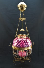 Antique Victorian Parlor Lamp with Pink & White Swirl Glass