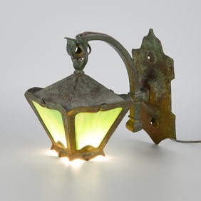 Vtg Arts & Crafts Green Slag Glass Wall Sconce
