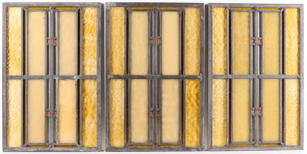 Set 3 Arts & Crafts Stained Glass Windows: Set of 3 Arts & Crafts or Art Deco slag stained glass windows. In shades of green-yellow. Metal frames.Each, height: 18 in x width: 12 in x depth: 1/4 in.