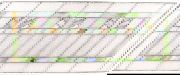 Arts & Crafts Stained Glass Window: Arts & Crafts or Art Deco slag stained glass window. With pastel purple, yellow, blue, and green glass panels. With patterned clear glass with frost and starburst designs.Height: 16 in x width: 40 in