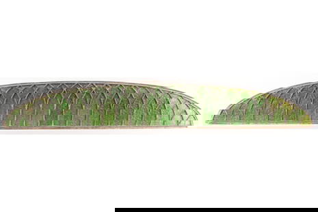 Oblong Arts & Crafts Stained Glass Window: Oblong Arts & Crafts Stained Glass Window. Arched motifs in green. Metal frame. Height: 8 in x width: 56 in x depth: 1/4 in.