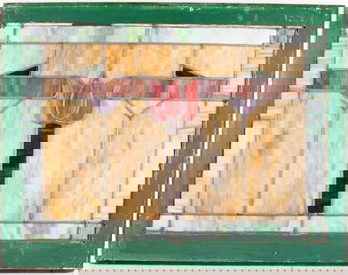 Arts & Crafts Stained Glass Window Tulip: Arts & Crafts or Art Nouveau slag stained glass window with a tulip motif.Height: 25 in x width: 32 1/4 in x depth: 1 1/4 in.