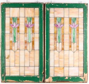 Pair Arts & Crafts Floral Stained Glass Windows