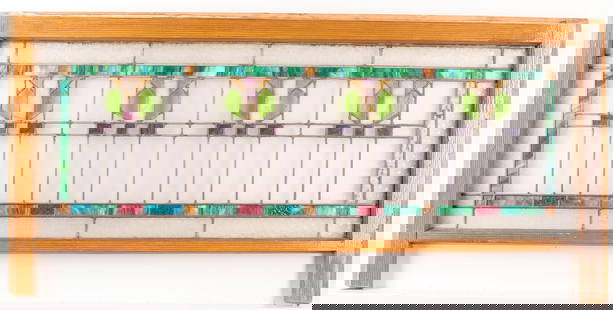 Long Arts & Crafts Stained Glass Window: Long rectangular Arts & Crafts or Art Deco style slag stained glass window. With two short posts. Geometric designs in opaque glass as well as green, purple, red, ochre, and pink glass. The side panel