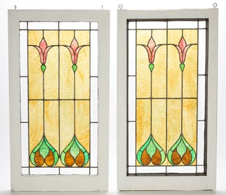 Pair Arts & Crafts Stained Glass Windows Floral