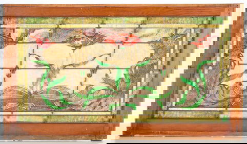 Arts & Crafts Stained Glass Window w/ Three Roses