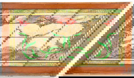 Arts & Crafts Stained Glass Window w/ Three Roses: Art Nouveau slag stained glass window. Depicting red poppies with sinuous green leaves.Height: 23 in x width: 40 in x depth: 1 1/4 in.