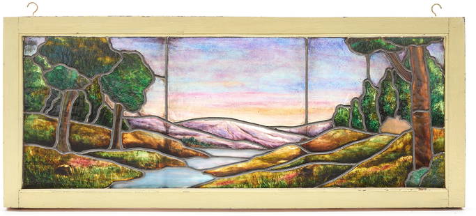 Arts & Crafts Stained Glass Window Landscape: Arts & Crafts slag stained glass window depicting a landscape. In green, brown, blue, cream, and dark slag glass with a pale yellow painted wood frame. Two modern metal hooks for display attached to w