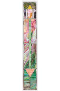 Arts & Crafts Stained Glass Window Arrow: Arts & Crafts slag stained glass window with an arrow motif.Height: 42 1/2 in x width: 6 1/2 in x depth: 1/4 in.