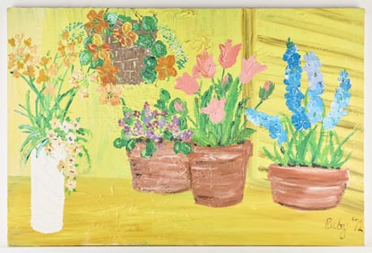 Still Life Oil on Canvas Flowers Painting 1972