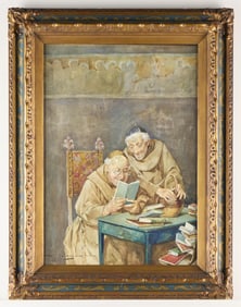 Italian School Monk WC Painting Signed V. Lolambe
