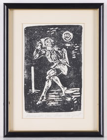 Signed Linocut of Sneaking Figure