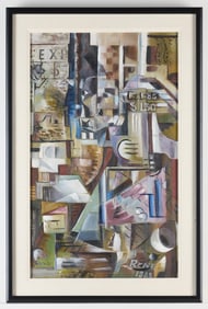 Cubist Painting of Cafe Signed Rene