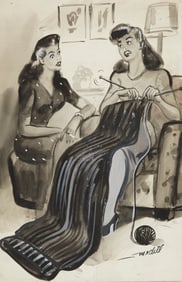 Signed Medill Knitting Comic Drawing