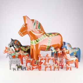 Large Group Swedish Folk Art Wooden Dala Horses