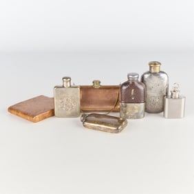 Grp 6 Vintage Flasks & 1 Wooden Container