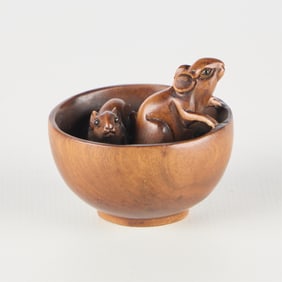 Japanese Carved Wooden Mice in Bowl Netsuke