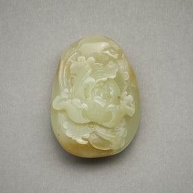 Chinese Carved Pale Green/White Jade Floral Pendant