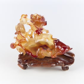 Chinese Carved Agate Brush Washer w/ Wood Stand
