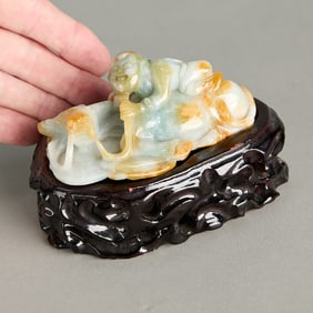 Chinese Carved Jade Man & Ox w/ Stand