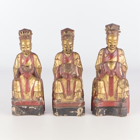Grp 3 Asian Carved Wood Polychrome Temple Figures