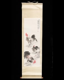 Chinese Ink on Paper Rooster Scroll Painting
