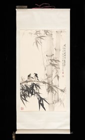 Chinese Birds & Bamboo Ink Scroll Painting