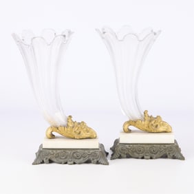 Pr 19th c. French Glass & Bronze Cornucopia Vases