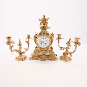Bronze Ormolu Rococo Style Clock & Candelabra Set