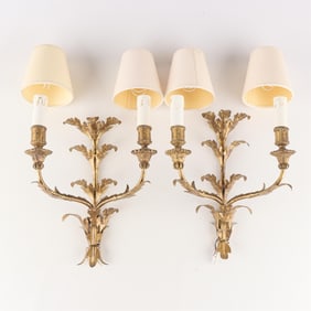 Pr Antique Rococo Style Gilt Foliate Wall Sconces